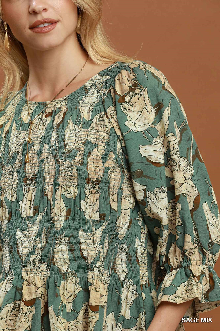Rose Garden Smocked 3/4 Sleeve Top