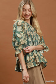 Rose Garden Smocked 3/4 Sleeve Top