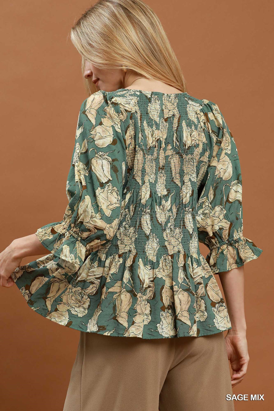Rose Garden Smocked 3/4 Sleeve Top