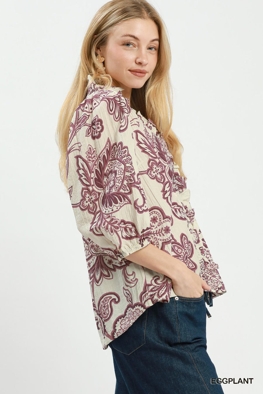 Perfect Paisley Smocked Ruffle Print Top