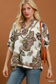 Reece Cocoa Floral Print Contrast Trim V-Neck Top