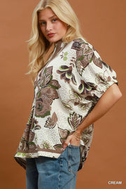 Reece Cocoa Floral Print Contrast Trim V-Neck Top
