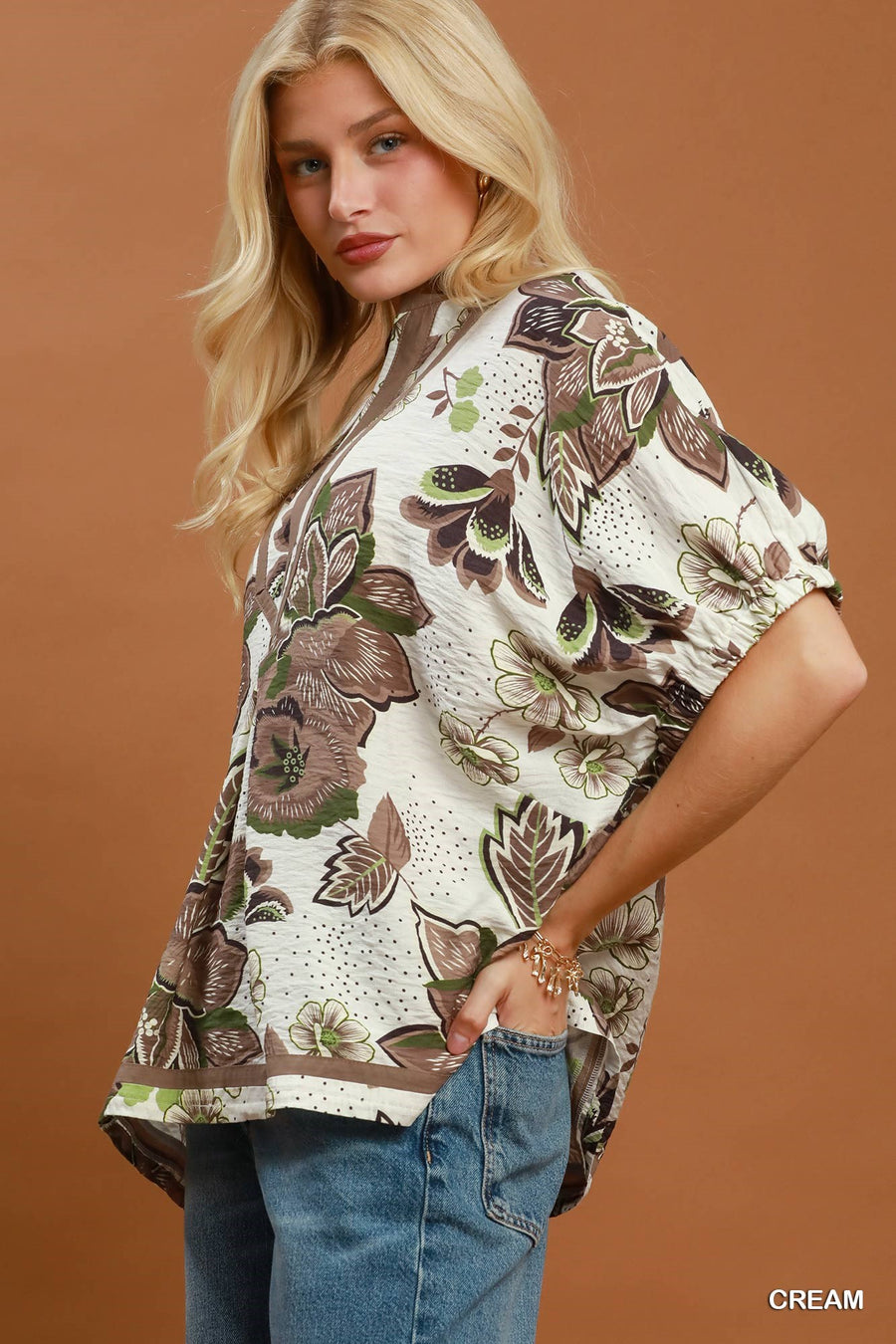 Reece Cocoa Floral Print Contrast Trim V-Neck Top