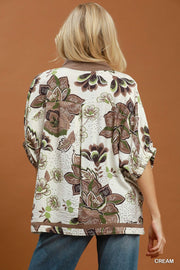 Reece Cocoa Floral Print Contrast Trim V-Neck Top
