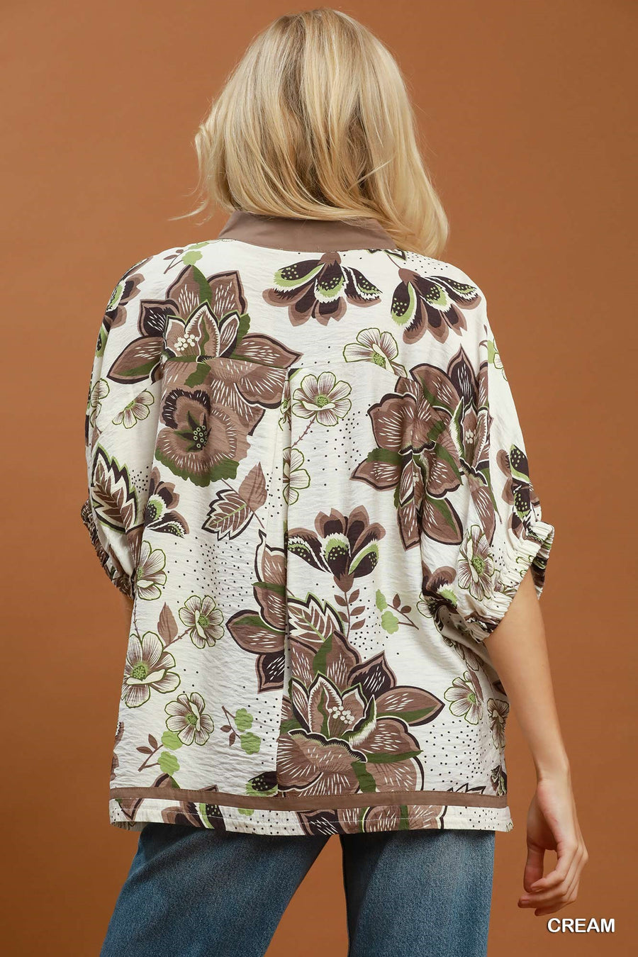 Reece Cocoa Floral Print Contrast Trim V-Neck Top