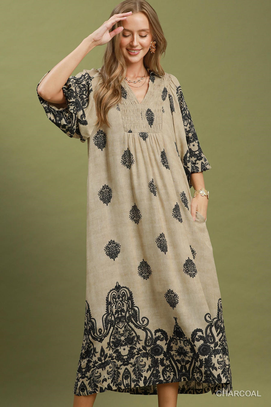Ming Border Print Smocked Front Detail Midi Dress