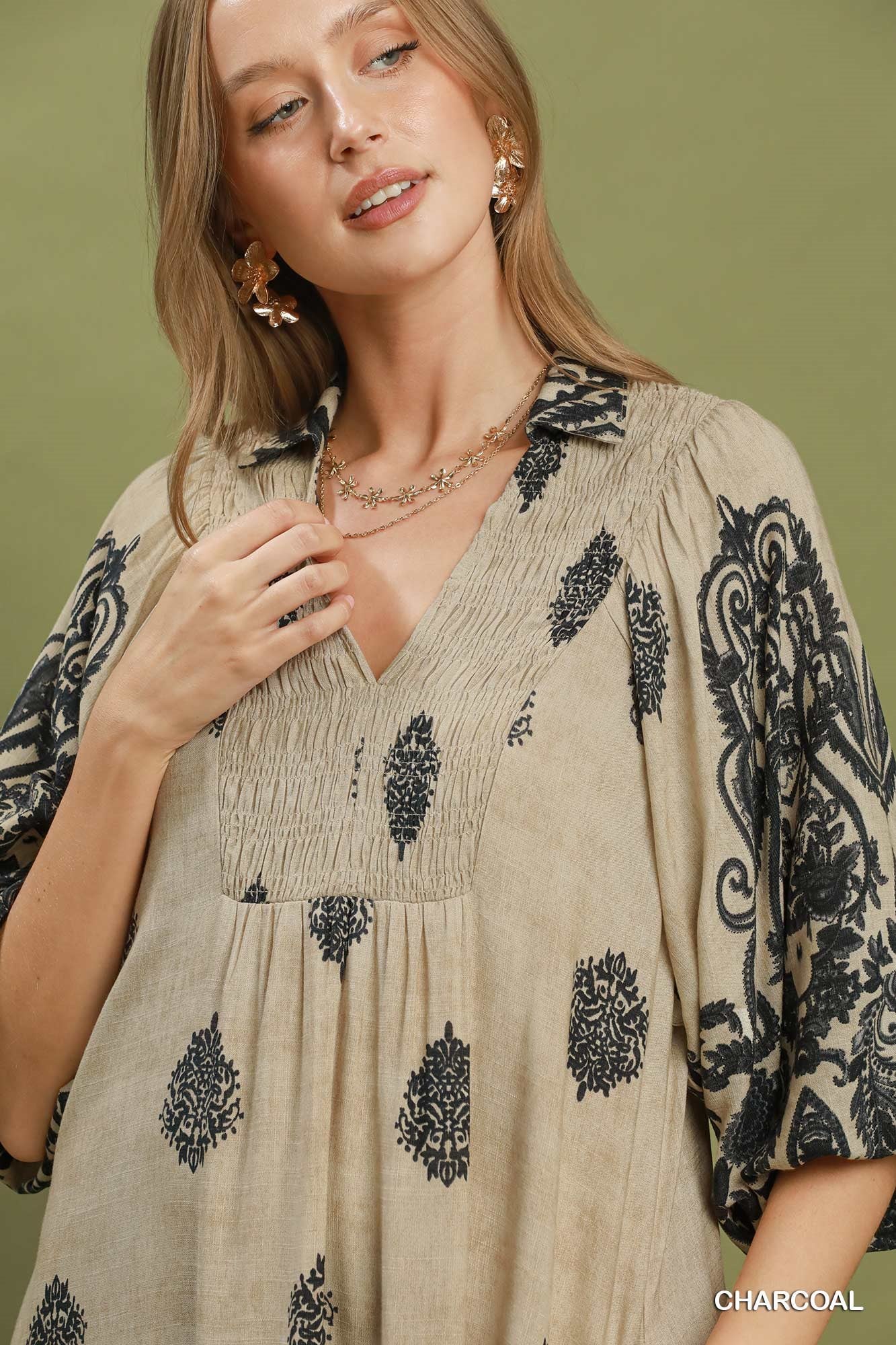 Ming Border Print Smocked Front Detail Midi Dress