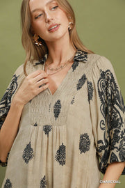 Ming Border Print Smocked Front Detail Midi Dress