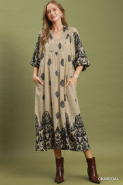 Ming Border Print Smocked Front Detail Midi Dress