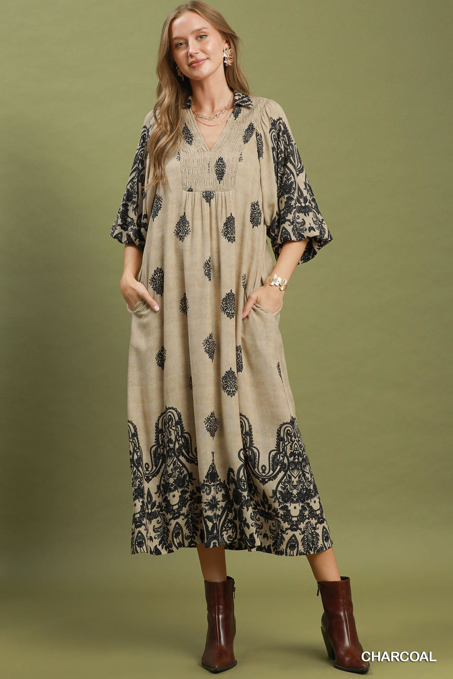 Ming Border Print Smocked Front Detail Midi Dress
