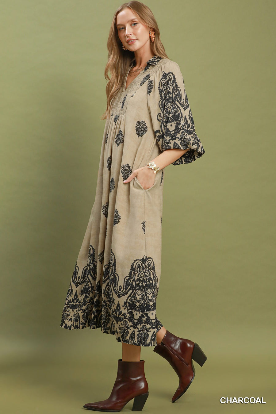 Ming Border Print Smocked Front Detail Midi Dress