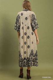 Ming Border Print Smocked Front Detail Midi Dress