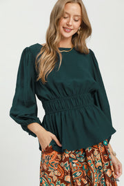 Eliza Smocked Waist Long Sleeve Peplum Blouse Top