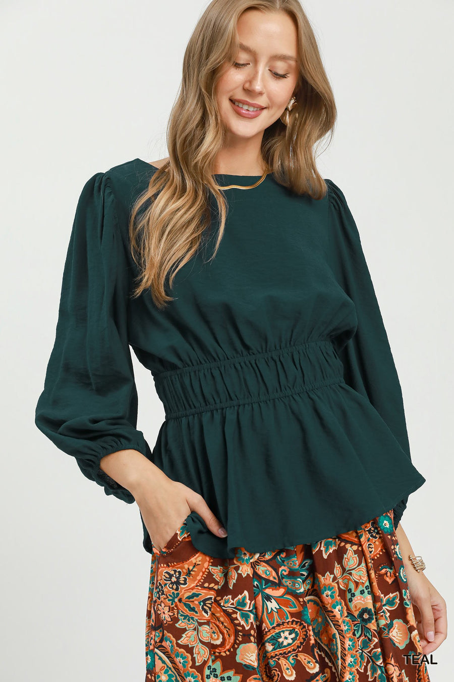 Eliza Smocked Waist Long Sleeve Peplum Blouse Top