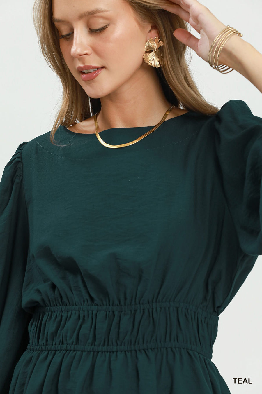Eliza Smocked Waist Long Sleeve Peplum Blouse Top