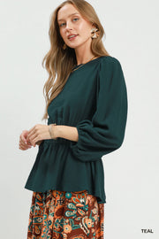 Eliza Smocked Waist Long Sleeve Peplum Blouse Top