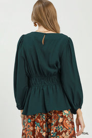 Eliza Smocked Waist Long Sleeve Peplum Blouse Top