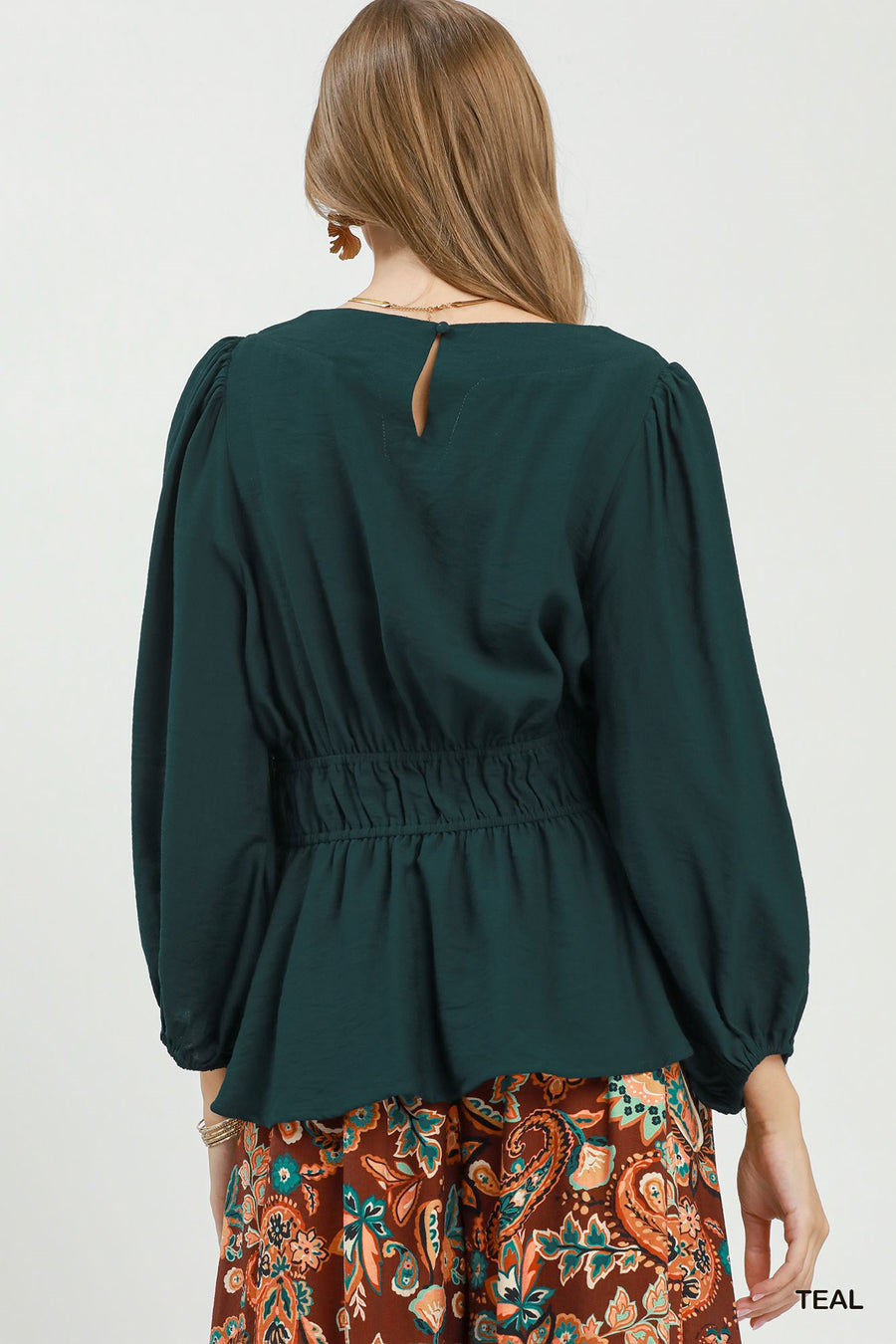 Eliza Smocked Waist Long Sleeve Peplum Blouse Top
