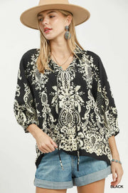 Boho Trellis Print Tie V-Neck Blouse