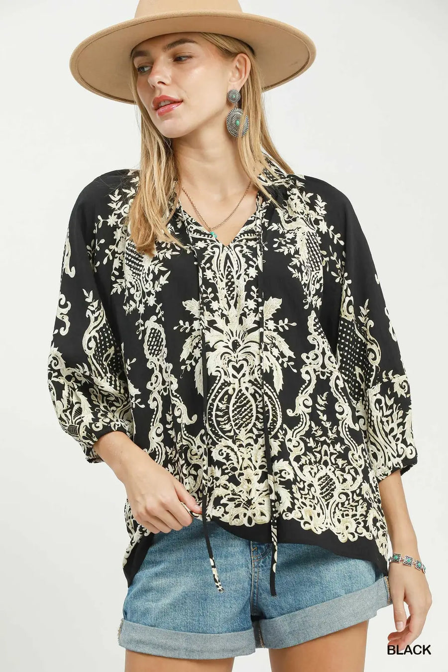 Boho Trellis Print Tie V-Neck Blouse