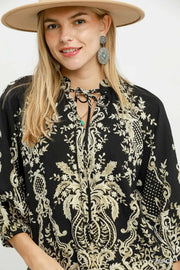 Boho Trellis Print Tie V-Neck Blouse