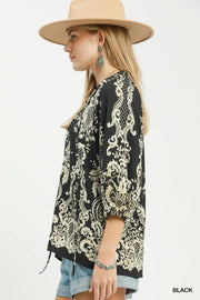 Boho Trellis Print Tie V-Neck Blouse