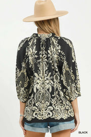 Boho Trellis Print Tie V-Neck Blouse