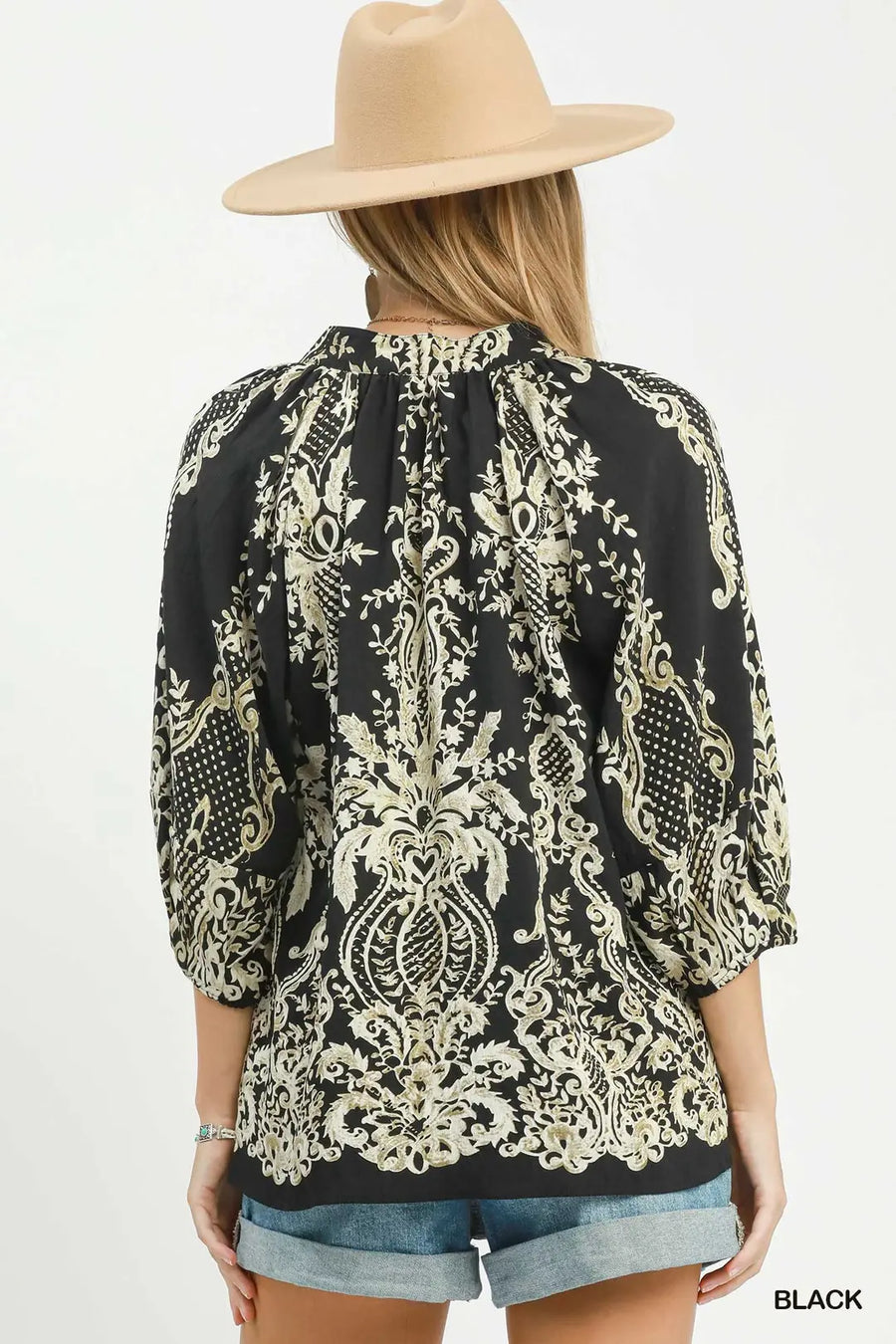 Boho Trellis Print Tie V-Neck Blouse