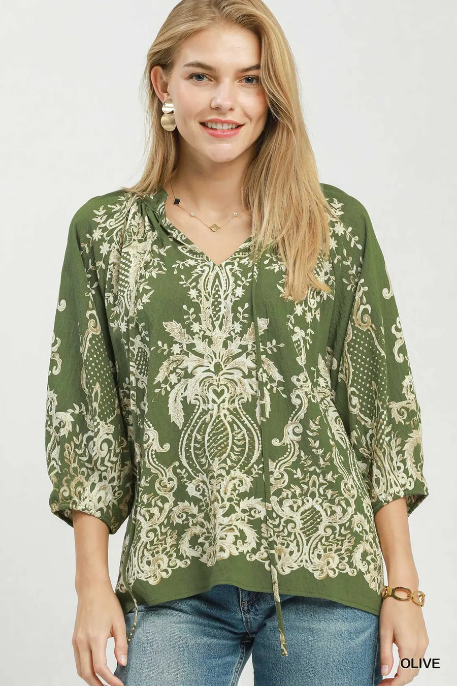 Boho Trellis Print Tie V-Neck Blouse
