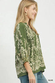 Boho Trellis Print Tie V-Neck Blouse