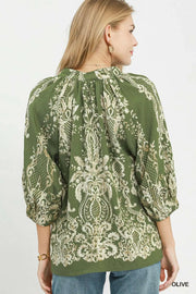 Boho Trellis Print Tie V-Neck Blouse