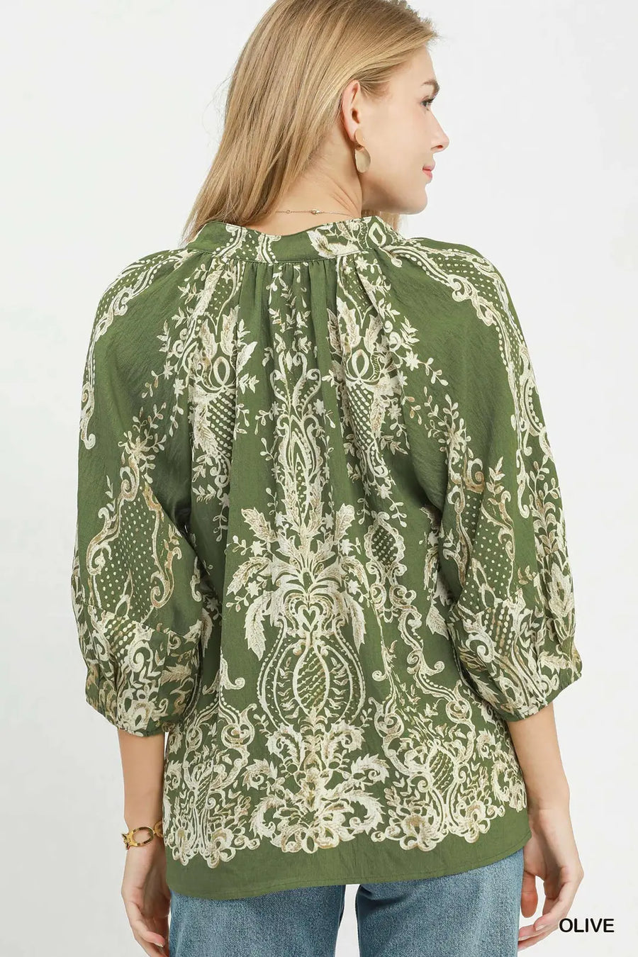 Boho Trellis Print Tie V-Neck Blouse
