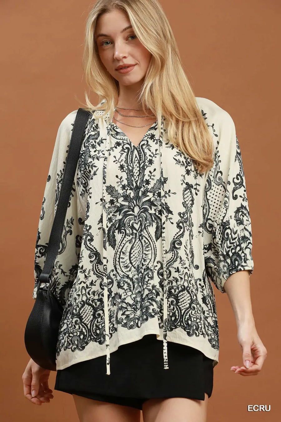 Boho Trellis Print Tie V-Neck Blouse