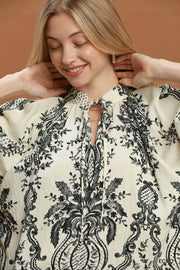 Boho Trellis Print Tie V-Neck Blouse