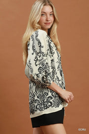 Boho Trellis Print Tie V-Neck Blouse