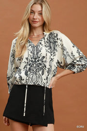 Boho Trellis Print Tie V-Neck Blouse