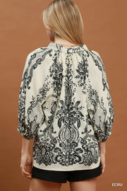 Boho Trellis Print Tie V-Neck Blouse