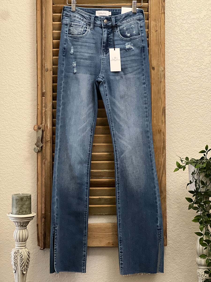 Dark Wash Denim Jeans with Side Slits, Flare Leg, and Raw Hem