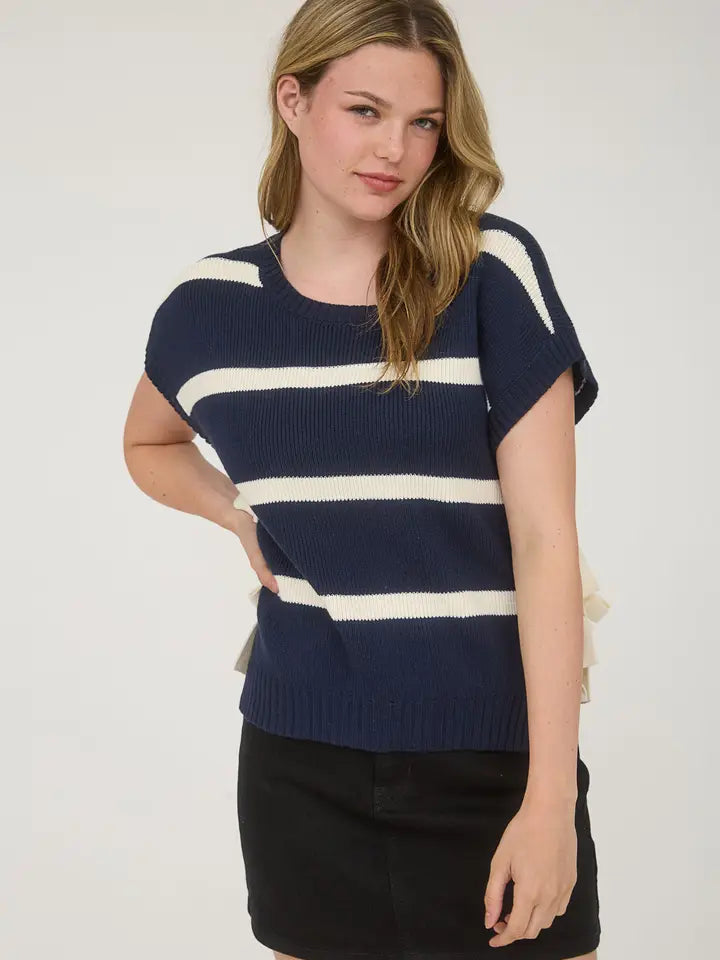 Camelot Side Tie Stripe Short Sleeve Sweater