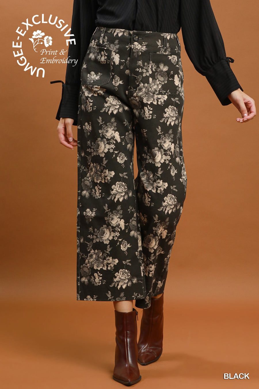 Roza Floral Print Wide Leg Cropped Pants