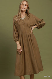 Maggie V-Neck Pleated Pintuck Midi Dress