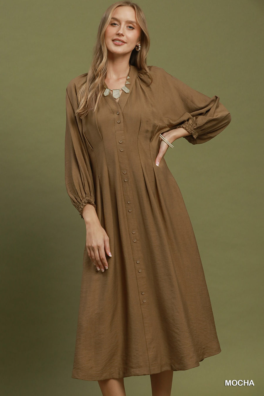 Maggie V-Neck Pleated Pintuck Midi Dress