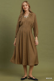 Maggie V-Neck Pleated Pintuck Midi Dress