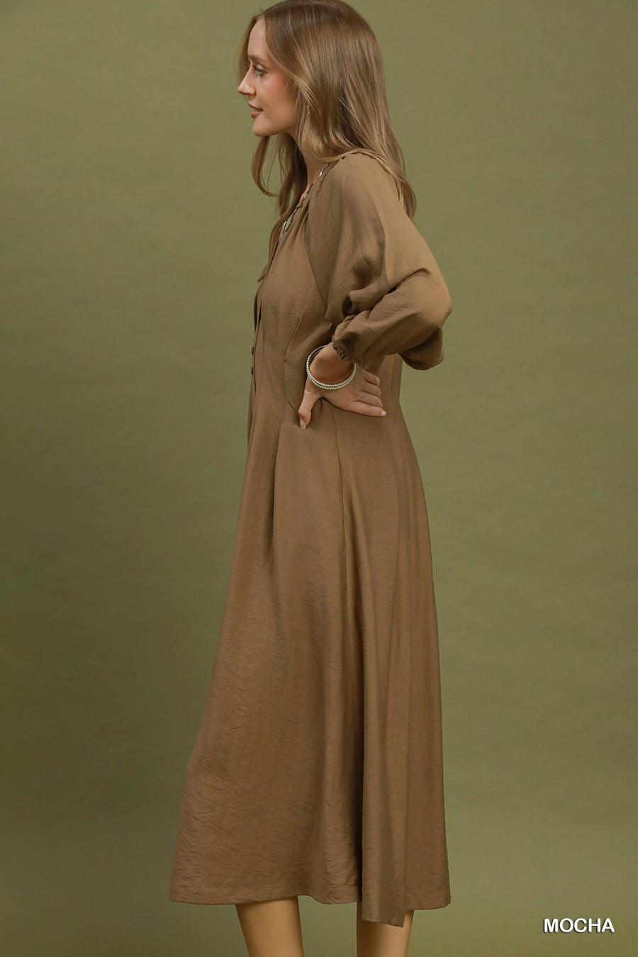 Maggie V-Neck Pleated Pintuck Midi Dress