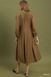 Maggie V-Neck Pleated Pintuck Midi Dress