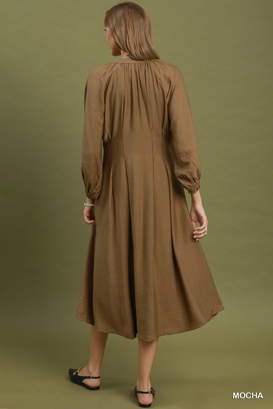 Maggie V-Neck Pleated Pintuck Midi Dress