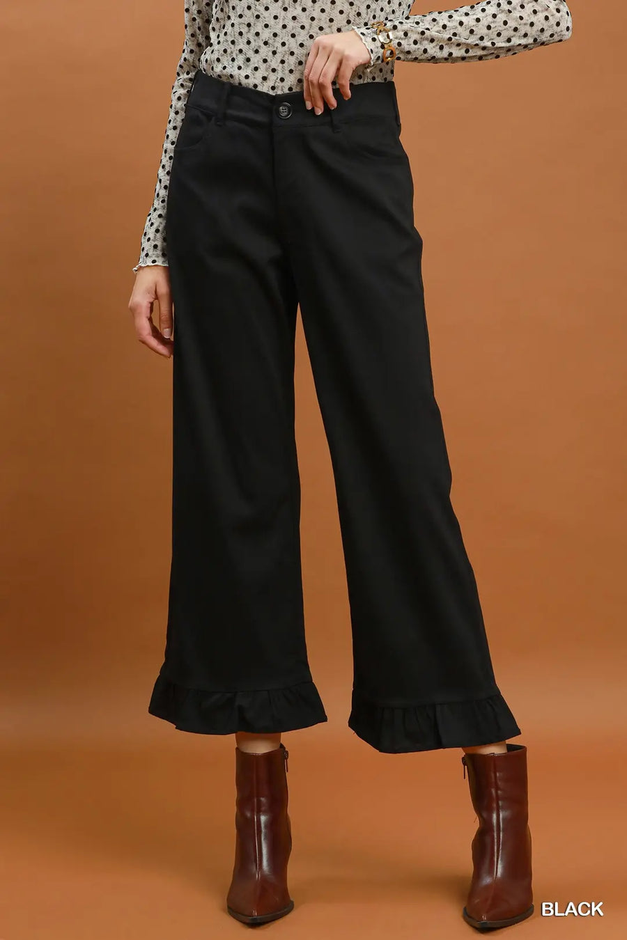 Kaden Wide Leg Pants with Ruffle Hem Detail