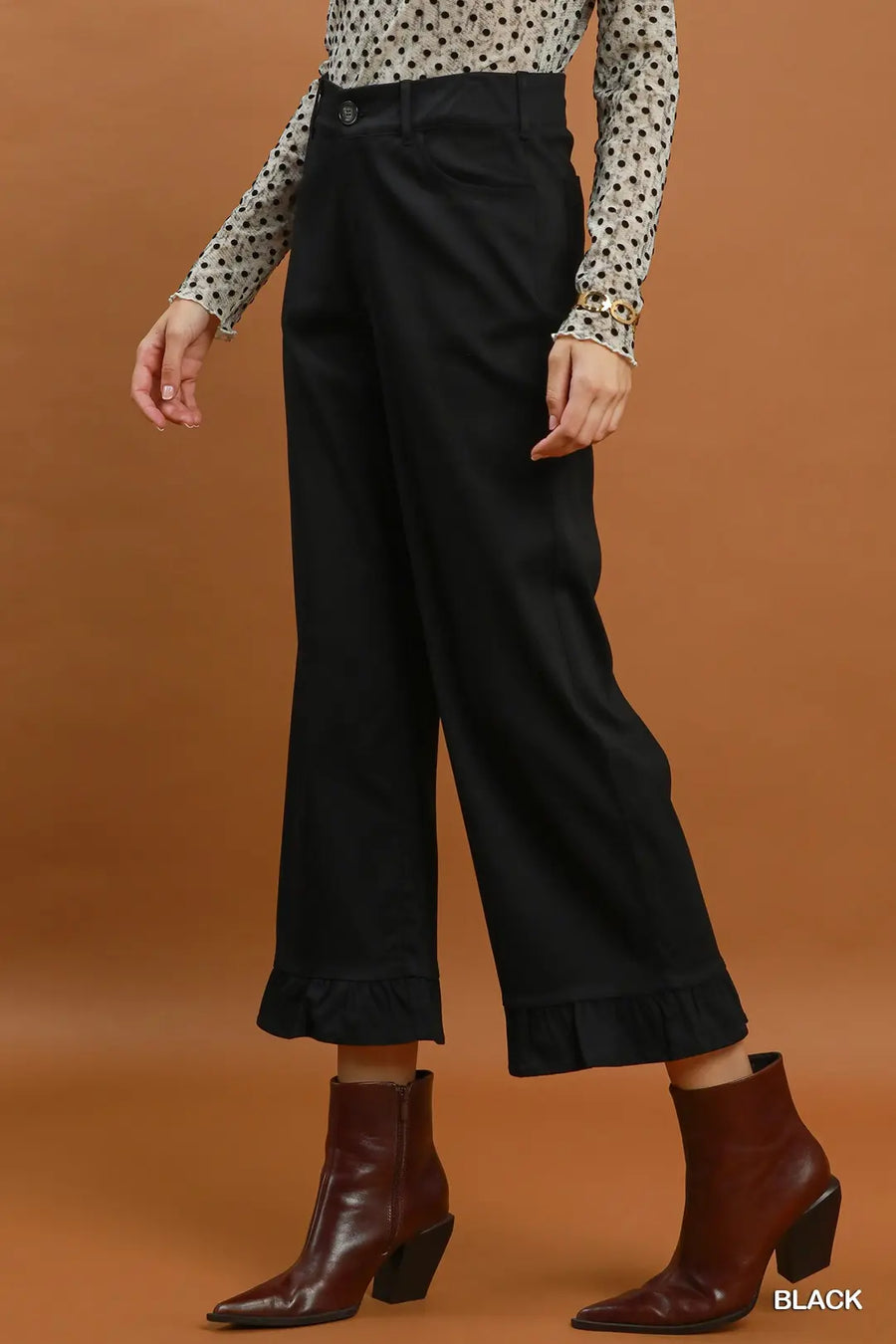 Kaden Wide Leg Pants with Ruffle Hem Detail