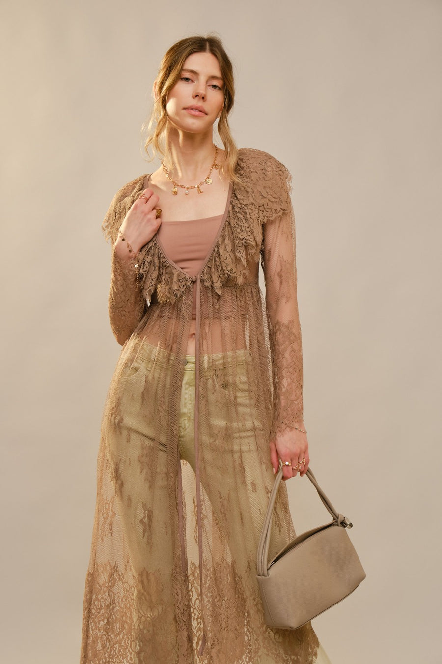 Audrey Long Sleeve Sheer Lace Long Trench Top