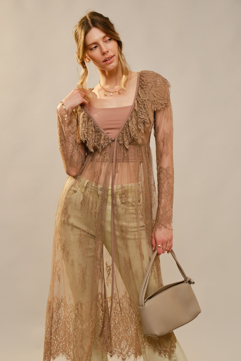 Audrey Long Sleeve Sheer Lace Long Trench Top